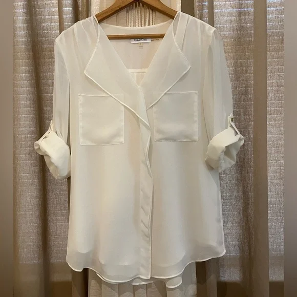 Calvin Klein Sz S Ivory Blouse Layered Sheer Rolled up Sleeve Top Career work - Picture 3 of 11